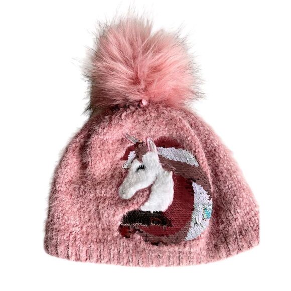 Girl’s Sequin Unicorn Pom Beanie, L - Picture 1 of 7